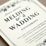 Elegant cream-colored vintage wedding invitation with black serif typography, subtle floral border design, and calligraphy details on aged cardstock, photographed flat-lay with subtle shadow, close-up detail showing texture and printing craftsmanship