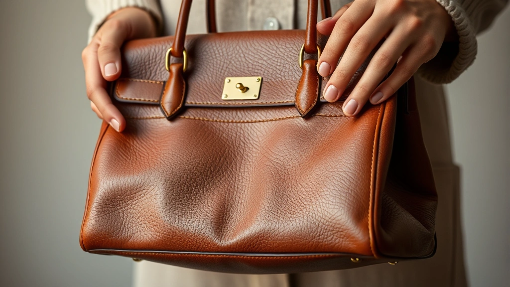 Close-up of hands holding authentic vintage Hermès leather bag with rich patina, showing detailed stitching and hardware craftsmanship against soft blurred background, luxury product photography
