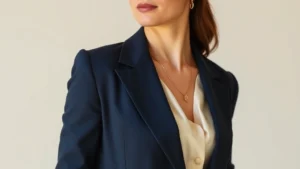 Elegant woman wearing cream silk blouse, navy tailored blazer, and gold delicate jewelry standing against neutral background, natural lighting, timeless sophisticated style