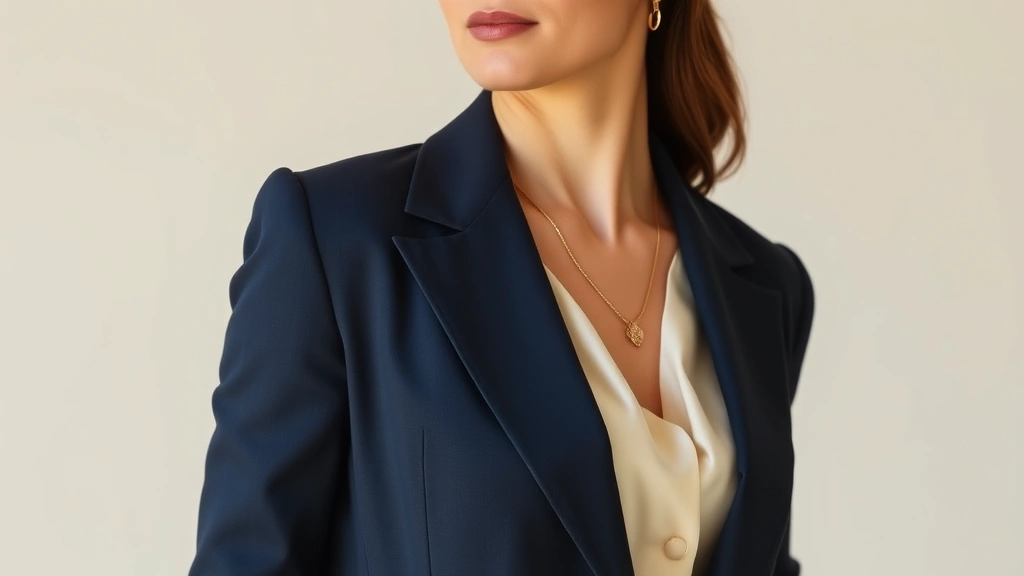 Elegant woman wearing cream silk blouse, navy tailored blazer, and gold delicate jewelry standing against neutral background, natural lighting, timeless sophisticated style