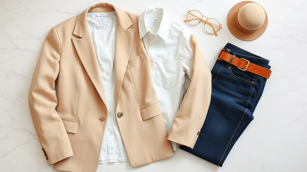 Styled flat lay of capsule wardrobe essentials arranged artfully: neutral tones, classic pieces including blazer, white shirt, jeans, leather belt, simple accessories on marble surface