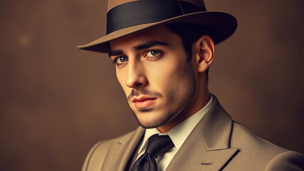 Elegant vintage gentleman wearing classic tailored suit and fedora hat, sophisticated 1940s-inspired menswear styling, refined grooming, sepia-toned warm lighting, professional portrait photography, timeless aesthetic