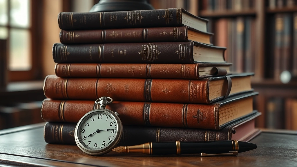 Antique leather-bound books stacked artistically with old-fashioned pocket watch and fountain pen, vintage study ambiance, warm natural lighting, classical library setting, nostalgic literary atmosphere