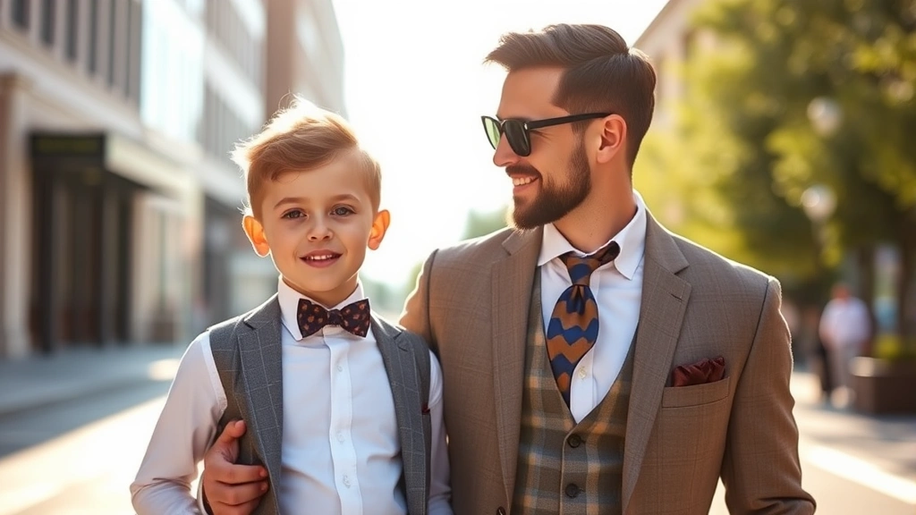 Modern father and young son wearing matching vintage-inspired clothing, classic formal wear, multigenerational bond, warm sunlight, genuine family moment, contemporary yet timeless aesthetic