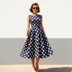 A woman in a 1950s-style polka dot dress with full skirt, standing confidently in natural sunlight, showcasing classic feminine silhouette and vintage styling details with modern accessories like sleek sneakers visible
