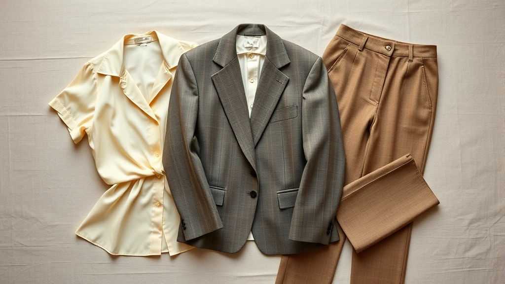 Overhead flat lay of carefully organized vintage clothing including a cream-colored silk blouse, structured wool blazer, and high-waisted trousers arranged on a neutral linen background, showing quality construction details and timeless pieces