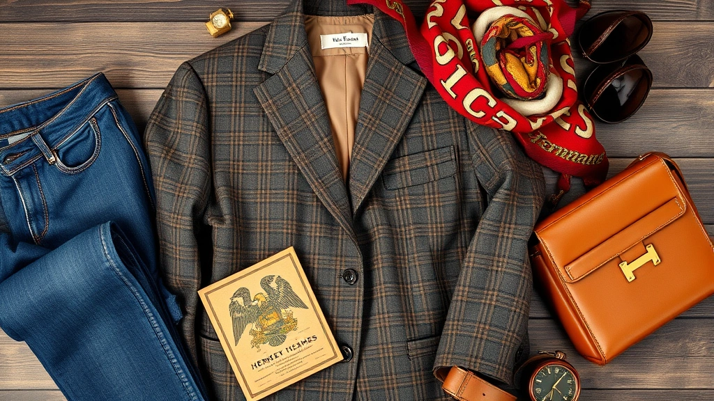 Flat lay of carefully curated vintage fashion items including a classic wool blazer, vintage Hermès scarf, quality denim, and timeless accessories arranged to showcase the old fashioned mix aesthetic and craftsmanship details