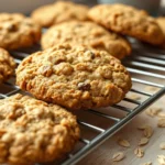 Close-up of golden-brown old fashioned oatmeal cookies cooling on a wire rack, showing crispy edges and chewy centers, rustic kitchen setting with warm natural lighting and scattered oats