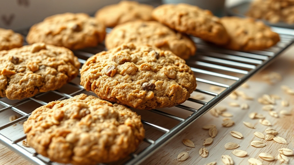 Close-up of golden-brown old fashioned oatmeal cookies cooling on a wire rack, showing crispy edges and chewy centers, rustic kitchen setting with warm natural lighting and scattered oats