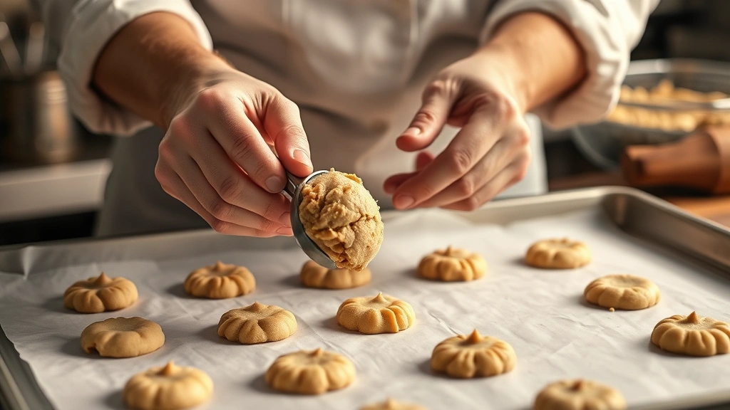 Professional baker's hands scooping cookie dough onto parchment-lined baking sheet, showing proper technique and cookie size consistency, warm kitchen lighting emphasizing craftsmanship and detail