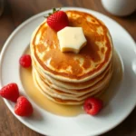 Golden-brown stack of fluffy pancakes on white ceramic plate, fresh strawberries and raspberries scattered artfully, melting butter pat on top, warm natural lighting, overhead shot, rustic wooden table setting
