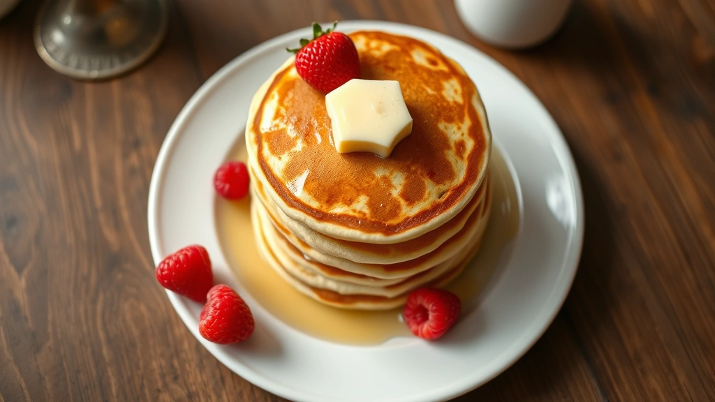 Golden-brown stack of fluffy pancakes on white ceramic plate, fresh strawberries and raspberries scattered artfully, melting butter pat on top, warm natural lighting, overhead shot, rustic wooden table setting
