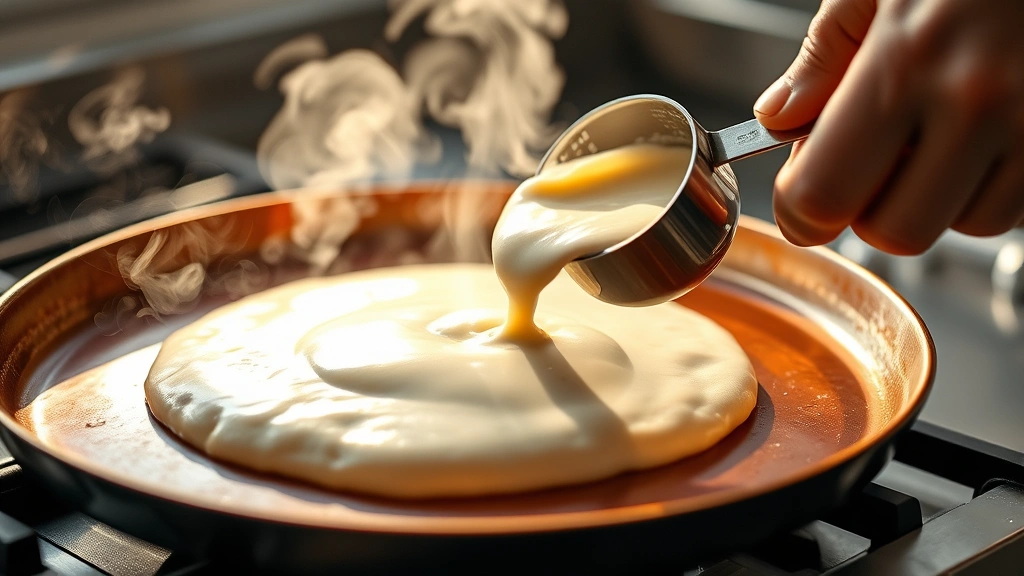 Close-up of pancake batter being poured onto hot griddle, steam rising, professional chef's hand holding measuring cup, copper-bottomed pan, morning sunlight, shallow depth of field focusing on batter texture