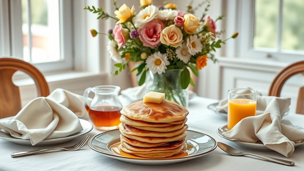 Elegant brunch table setting with vintage linen napkins, fresh flowers in glass vase, stack of warm pancakes as centerpiece, maple syrup in glass pitcher, fresh-squeezed orange juice, natural window lighting, refined aesthetic