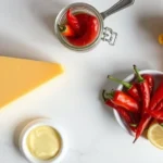 Overhead flat lay of fresh sharp cheddar cheese block, roasted red peppers in vintage glass jar, creamy mayonnaise bowl, and fresh lemon on white marble countertop with soft natural lighting