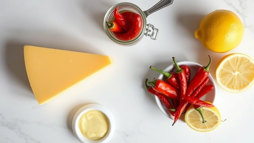 Overhead flat lay of fresh sharp cheddar cheese block, roasted red peppers in vintage glass jar, creamy mayonnaise bowl, and fresh lemon on white marble countertop with soft natural lighting