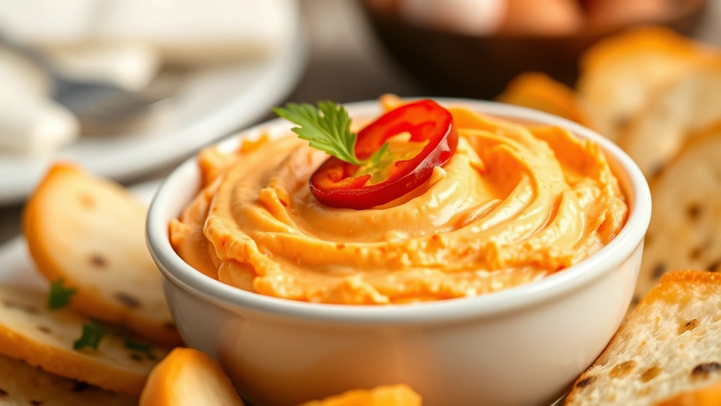 Close-up of vibrant orange-pink pimento cheese spread in white ceramic bowl, garnished with single roasted pimento slice and fresh herb, ready to serve on elegant table setting