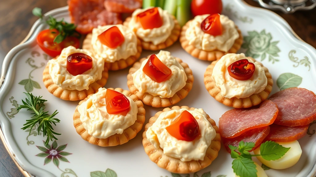 Beautiful spread of pimento cheese appetizers: crispy water crackers topped with creamy pimento cheese and pimento garnish, arranged on vintage porcelain plate with fresh vegetables and cured meats