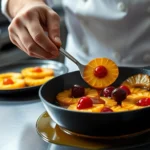 Professional pastry chef carefully arranging caramelized pineapple rings in cast iron skillet with melted brown butter and cherries, precision plating, kitchen lighting, close-up detail