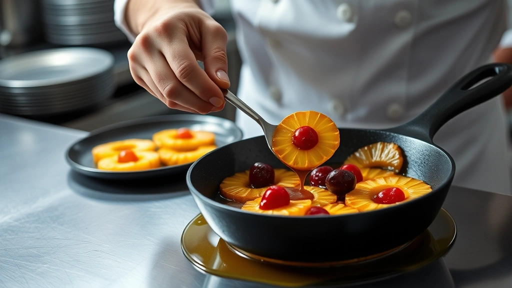 Professional pastry chef carefully arranging caramelized pineapple rings in cast iron skillet with melted brown butter and cherries, precision plating, kitchen lighting, close-up detail