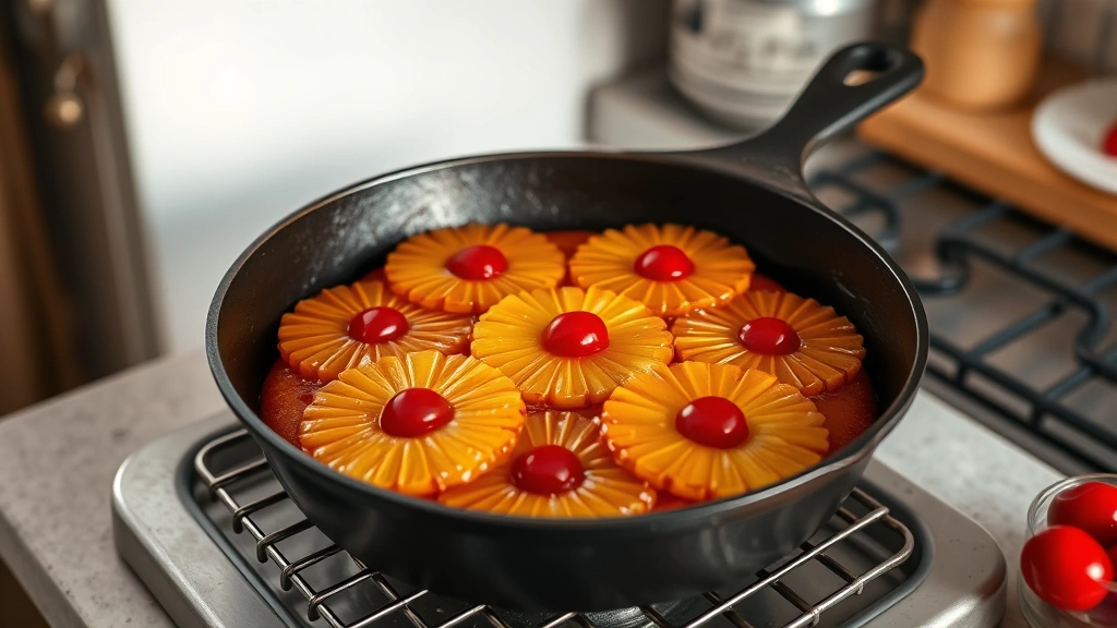 Golden-brown pineapple upside down cake cooling in cast iron skillet, caramelized rings glistening, cherry garnishes visible, vintage kitchen aesthetic backdrop