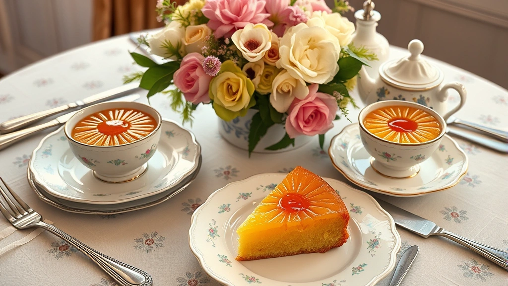 Vintage-inspired table setting with individual pineapple upside down cake slices on fine china, fresh flowers, antique silverware, afternoon tea aesthetic, golden hour lighting