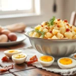 Rustic wooden farmhouse table with creamy potato salad in vintage ceramic serving bowl, fresh dill garnish, crispy bacon bits, hard-boiled eggs, natural daylight from window, warm inviting aesthetic
