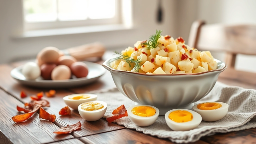 Rustic wooden farmhouse table with creamy potato salad in vintage ceramic serving bowl, fresh dill garnish, crispy bacon bits, hard-boiled eggs, natural daylight from window, warm inviting aesthetic