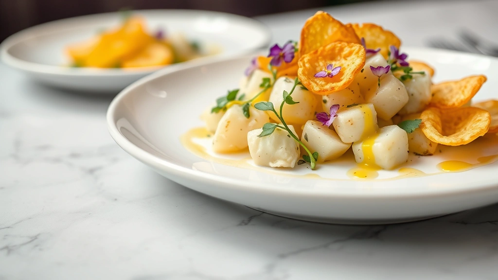 Gourmet plated potato salad on minimalist white ceramic dishware, microgreens and edible flowers as garnish, crispy potato chips, herb-infused vinaigrette drizzle, professional restaurant photography, clean modern styling