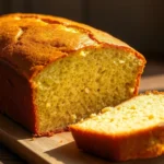 Golden-brown pound cake fresh from oven, perfectly moist crumb visible in cross-section, rustic wooden table background, natural afternoon sunlight, classic elegance