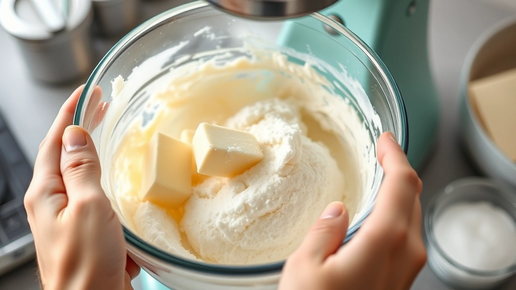 Hands creaming pale fluffy butter and sugar in glass mixing bowl, professional kitchen setting, close-up detail of proper batter texture and consistency