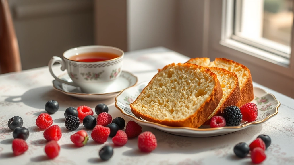 Sliced pound cake presentation on vintage ceramic plate, fresh berries scattered nearby, cup of tea, afternoon light through window, refined table setting