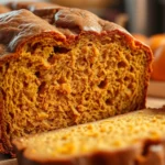 Close-up of freshly baked pumpkin bread with golden-brown crust, sliced to show moist crumb structure, warm autumn lighting, cozy kitchen setting, steam rising gently