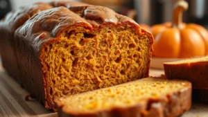 Close-up of freshly baked pumpkin bread with golden-brown crust, sliced to show moist crumb structure, warm autumn lighting, cozy kitchen setting, steam rising gently