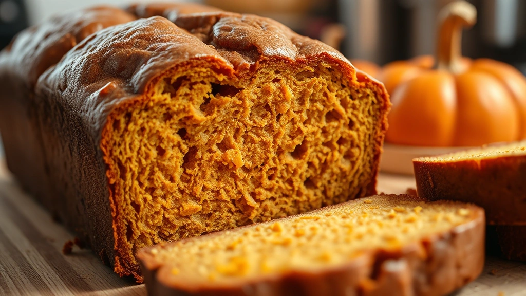 Close-up of freshly baked pumpkin bread with golden-brown crust, sliced to show moist crumb structure, warm autumn lighting, cozy kitchen setting, steam rising gently