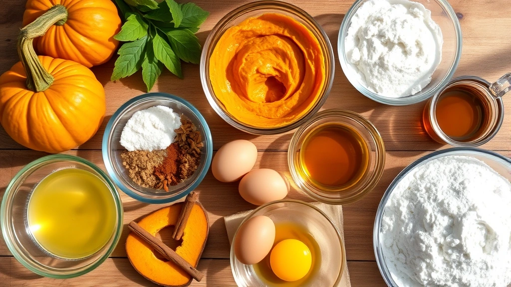 Array of fresh pumpkin puree, warm spices in glass bowls, eggs, oil, and flour arranged artfully on wooden surface, natural daylight, rustic farmhouse aesthetic