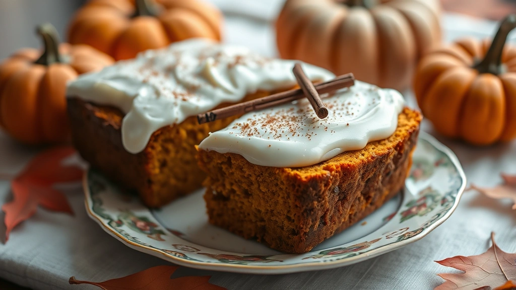 Sliced pumpkin bread on vintage ceramic plate with cream cheese frosting, cinnamon garnish, autumn leaves and pumpkins in soft-focus background, warm inviting atmosphere