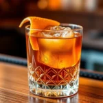 Crystal rocks glass with large ice cube filled with amber Old Fashioned bourbon cocktail, fresh orange peel garnish twisted over the drink, warm golden lighting, wooden bar surface background, professional mixology presentation