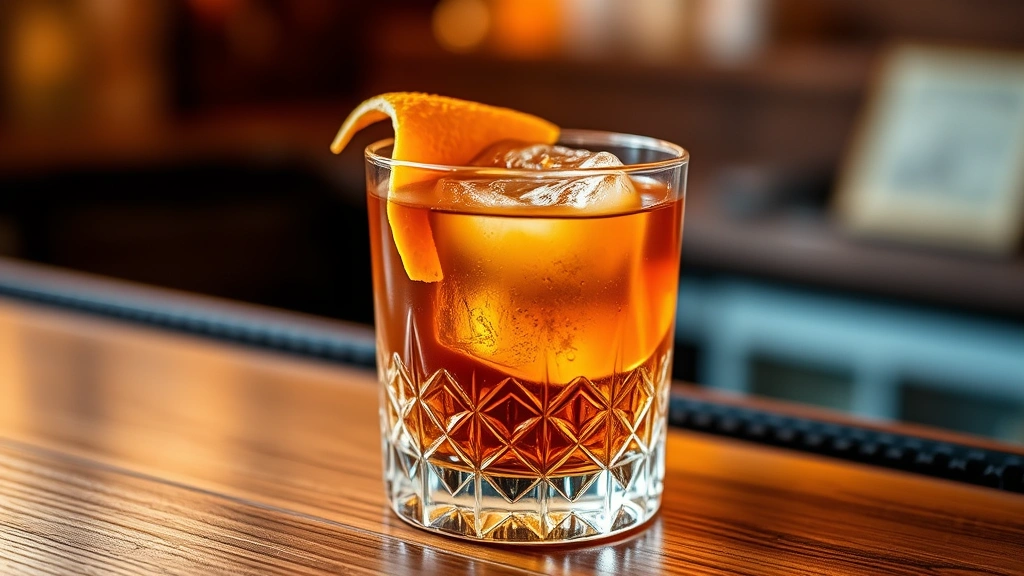 Crystal rocks glass with large ice cube filled with amber Old Fashioned bourbon cocktail, fresh orange peel garnish twisted over the drink, warm golden lighting, wooden bar surface background, professional mixology presentation