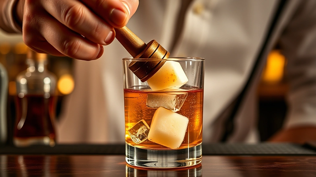 Close-up of bartender's hands muddling sugar cube with Angostura bitters in rocks glass using wooden muddler, soft bar lighting, professional bar tools arrangement, focused technique demonstration