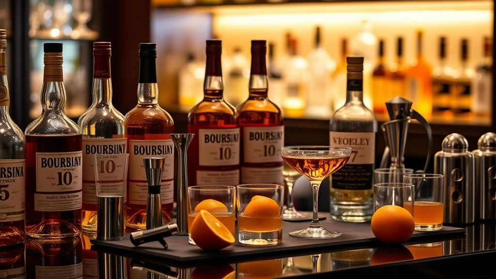 Elegant home bar setup with multiple bourbon bottles, quality glassware, bar spoon and tools, garnish preparations including fresh oranges, dimmed warm lighting creating sophisticated atmosphere, ready for cocktail service
