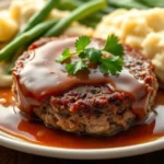 Golden-brown Salisbury steak patty with glossy brown gravy pooling around it, topped with fresh parsley, served on white plate with creamy mashed potatoes and green beans, professional food photography, warm lighting, rustic elegant presentation