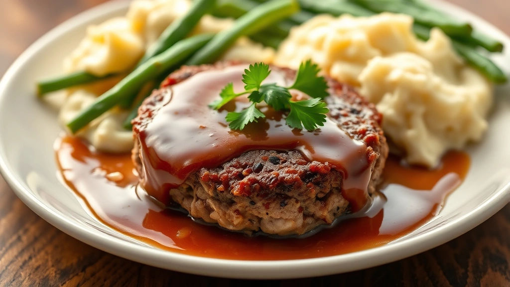 Golden-brown Salisbury steak patty with glossy brown gravy pooling around it, topped with fresh parsley, served on white plate with creamy mashed potatoes and green beans, professional food photography, warm lighting, rustic elegant presentation