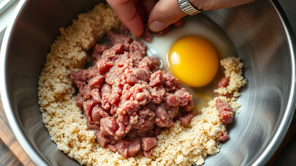 Close-up of raw Salisbury steak mixture in stainless steel bowl showing breadcrumbs, raw ground beef, and visible egg, hands mixing gently, natural daylight, artisanal kitchen preparation, texture detail visible