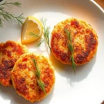 Golden-brown salmon patties on white porcelain plate, garnished with fresh dill sprigs and lemon wedges, photographed from above with natural window lighting, minimalist plating style