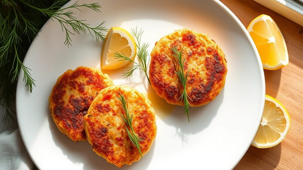 Golden-brown salmon patties on white porcelain plate, garnished with fresh dill sprigs and lemon wedges, photographed from above with natural window lighting, minimalist plating style