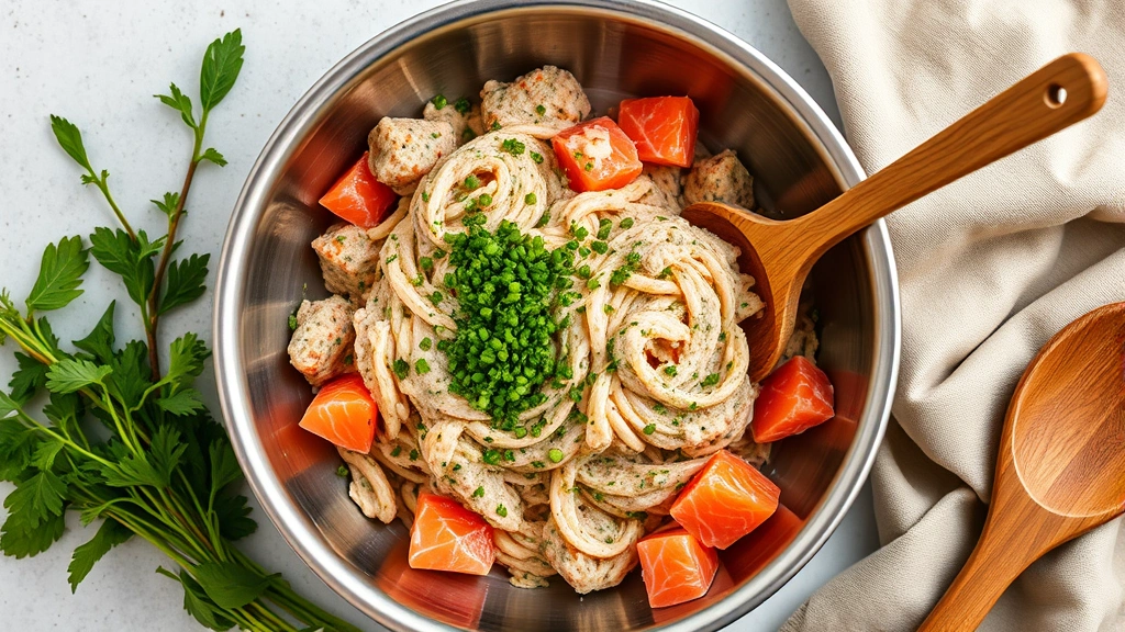 Overhead shot of salmon patty mixture in stainless steel bowl with fresh herbs, raw salmon pieces visible, artfully styled with wooden spoon and neutral kitchen linens