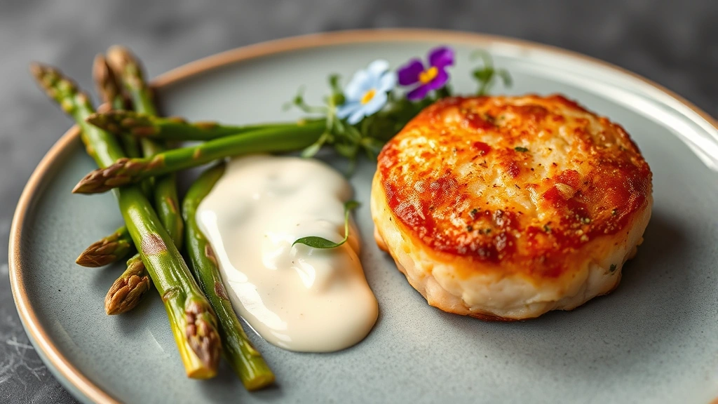 Plated salmon patty with crispy golden exterior, served alongside roasted asparagus and creamy sauce drizzle, garnished with microgreens and edible flowers, fine dining presentation