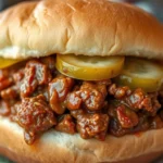Close-up of a perfectly assembled sloppy joe sandwich with meat mixture oozing from toasted bun, crispy pickles visible, casual diner aesthetic, natural lighting, appetizing presentation