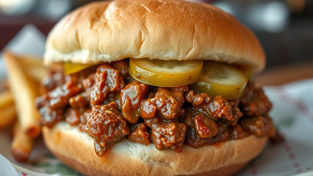 Close-up of a perfectly assembled sloppy joe sandwich with meat mixture oozing from toasted bun, crispy pickles visible, casual diner aesthetic, natural lighting, appetizing presentation